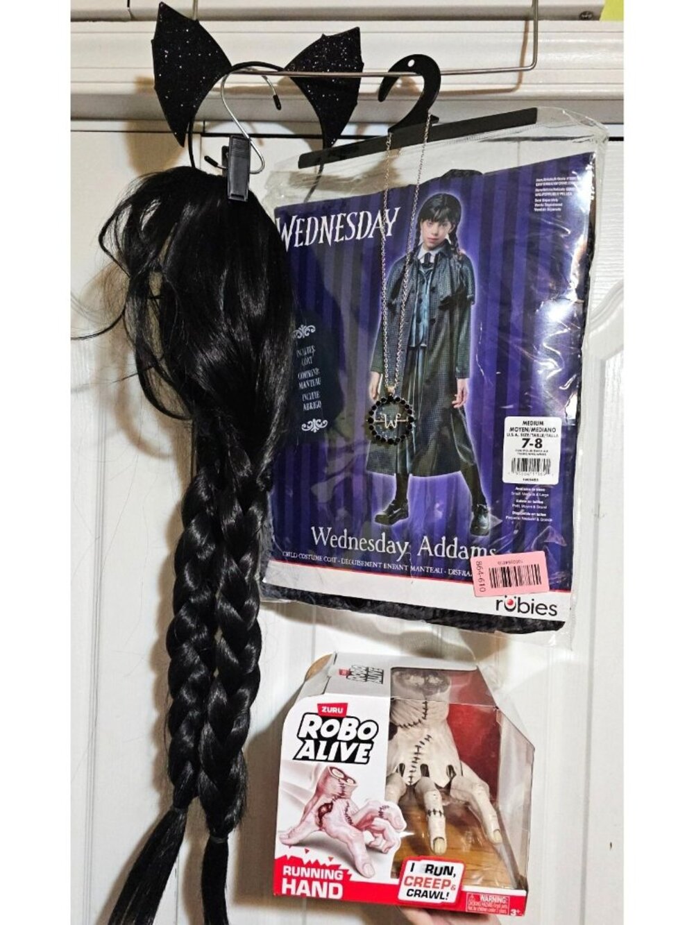 Wednesday Addams Costume Girls 7-8 Nevermore Coat Wig Robo Alive Thing Bundle